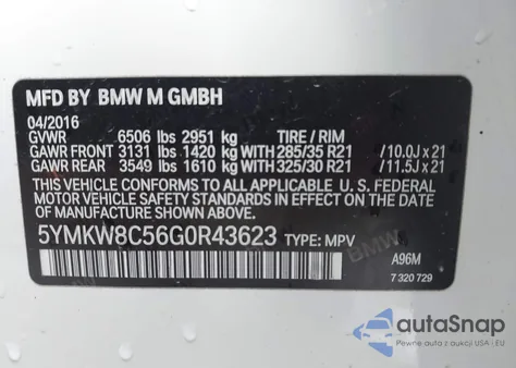 2016 BMW X6 M z USA, uszkodzony, nr VIN 5YMKW8C56G0R43623